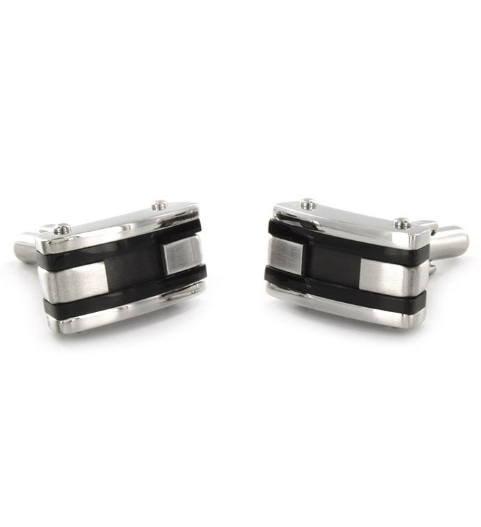 Men's Stainless Steel Black Inlay And Black Racing Striped Cuff Links